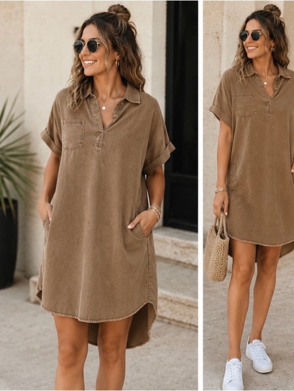 Casual Collared Short Sleeve Shirt Dress in Brown